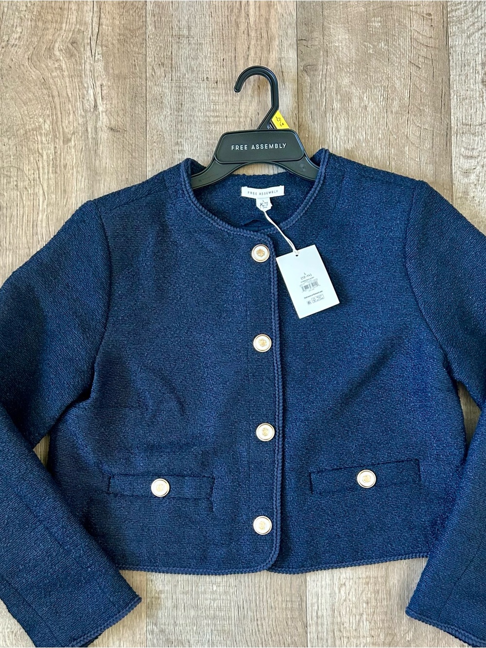 Free Assembly Navy Tweed Crewneck Jacket with Gold Button